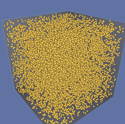 Simulator with many particles forming a fluid.